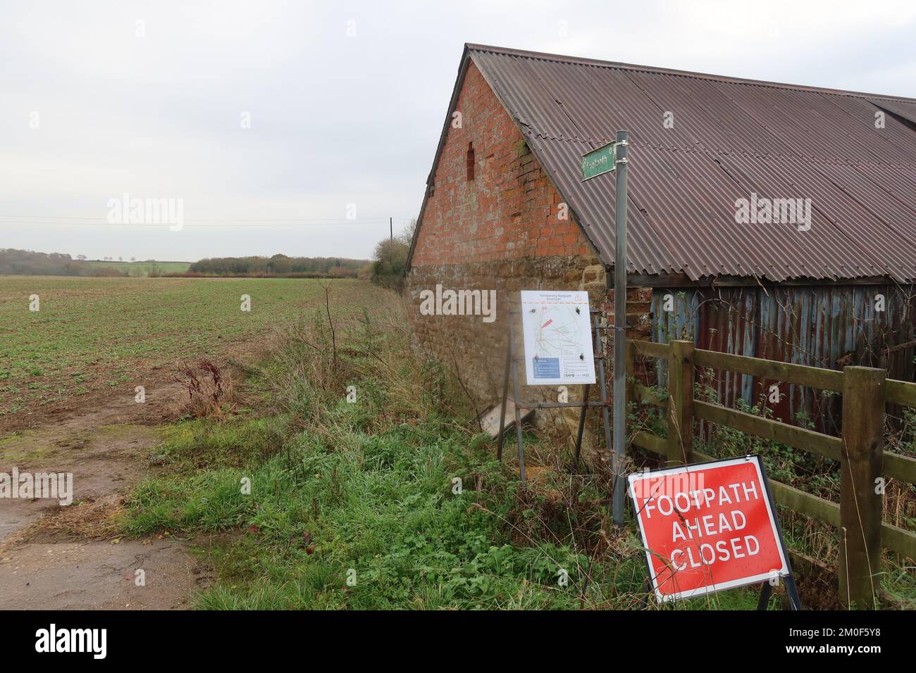 Chipping Warden footpath closed sign. HS2 high speed rail network