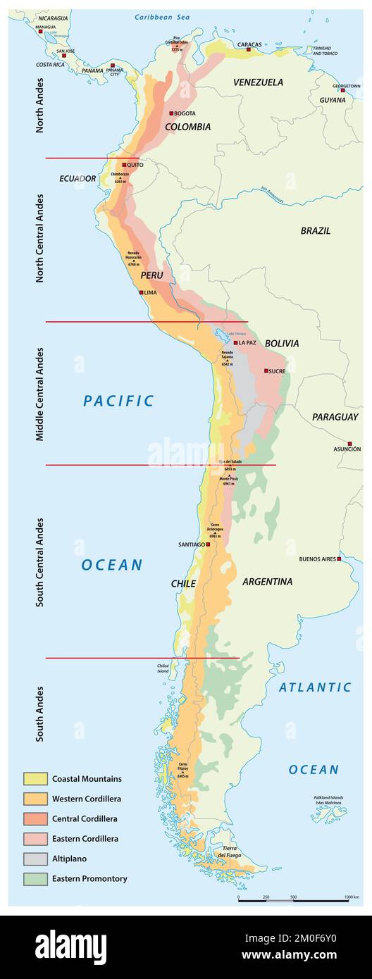 Map of the divisions of the South American mountains Andes Stock Photo