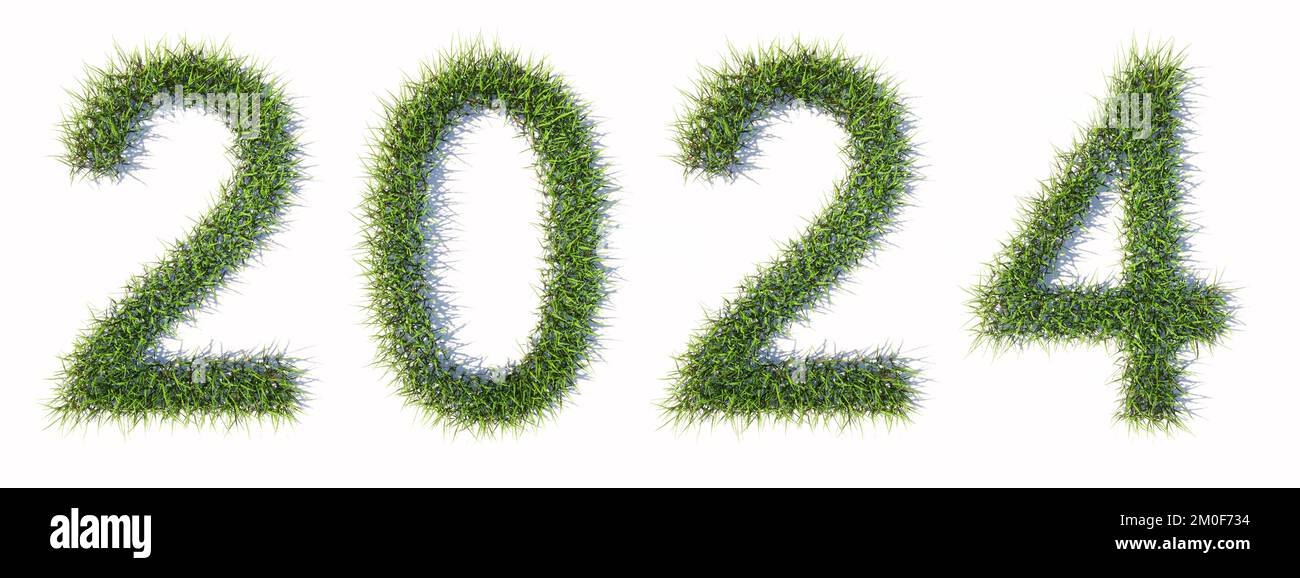 Concept  green summer lawn grass formingg the 2024 text isolated  on white background. 3d illustration metaphor for environment,  conservation Stock Photo