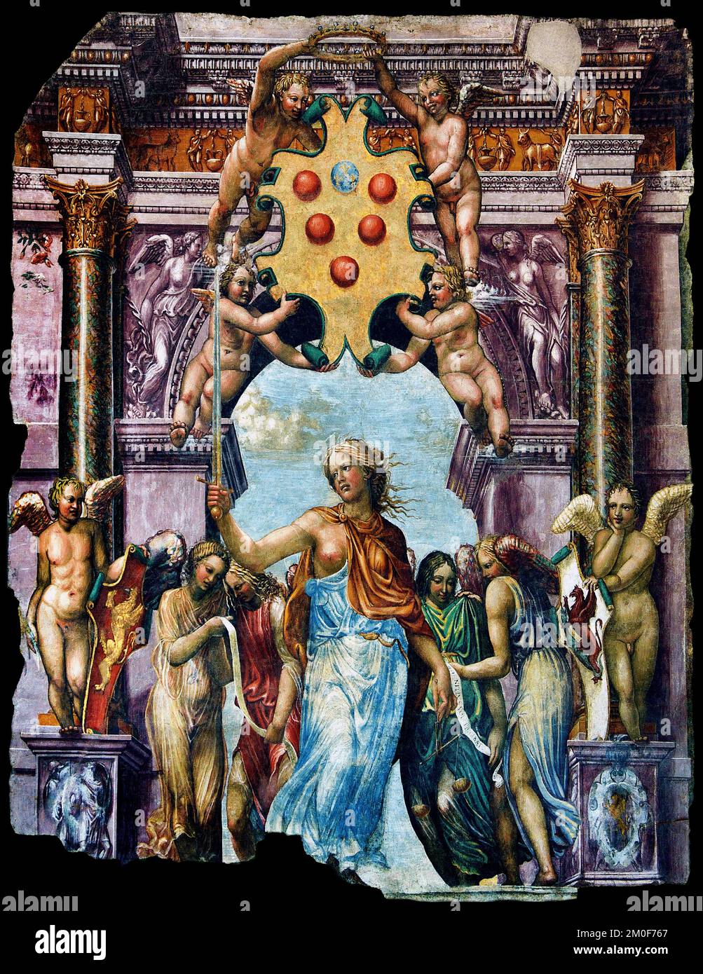 Justice - fresco  by Daniele Ricciarelli 1509 – 1566 ( Daniele da Volterra ) 16th century - Volterra, Italy, Pinacoteca and Civic Museum Italy, Italian, Stock Photo