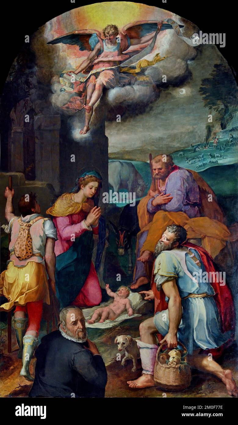 Adoration of the shepherds by Pieter de Witte known as Pier Candido - 16th century - Volterra Italy, Italian,    Nativity of Jesus,  Shepherds , witnesses to the birth , Jesus in Bethlehem,  Christmas, Stock Photo