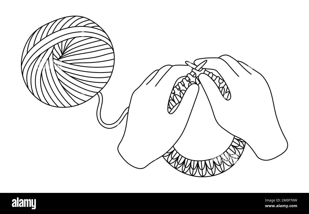 Black line Yarn ball isolated on white background. Label for hand made, knitting or tailor shop. Stock Vector