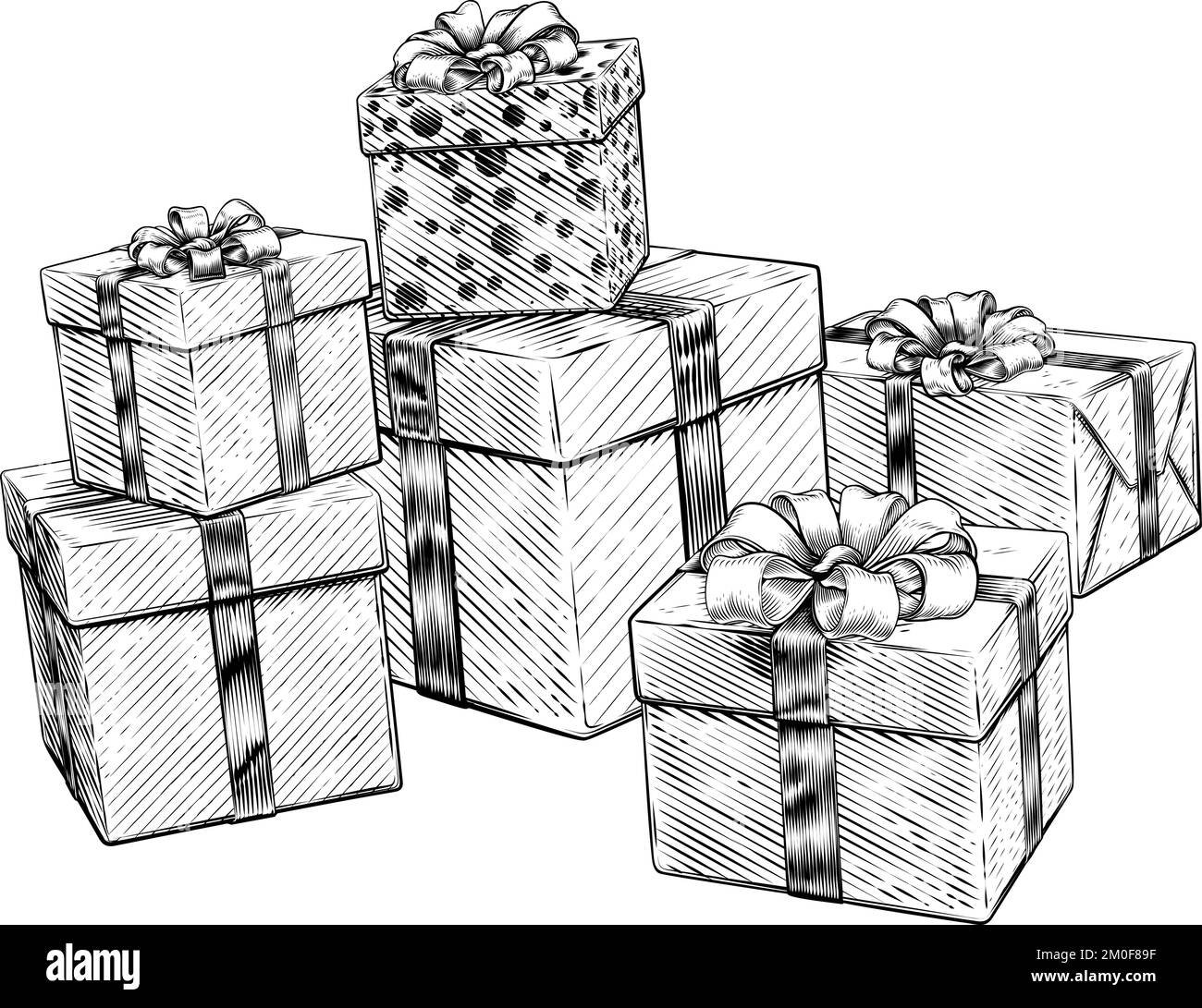 Pile of Wrapped Christmas Gift Boxes Line Drawing - Christmas