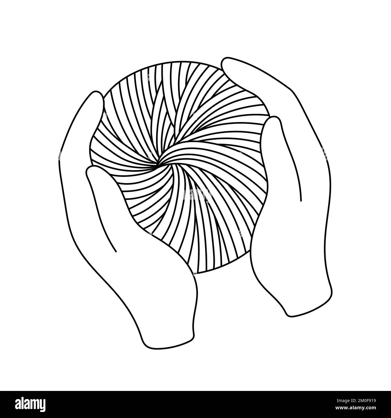 Black line Yarn ball isolated on white background. Label for hand made, knitting or tailor shop. Stock Vector