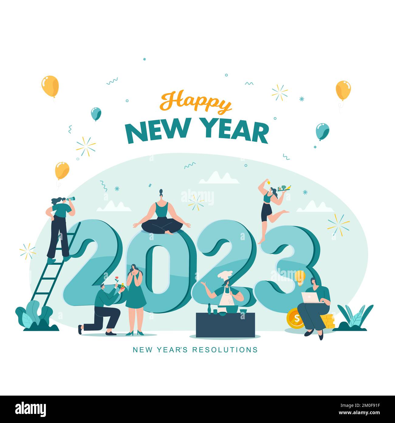 Happy new year 2023. 2023 Goals and resolutions concept illustration