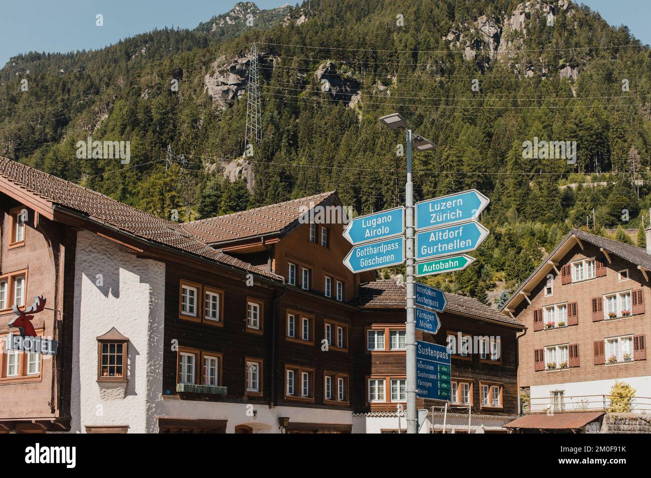 Traditional architecture from Swiss Alps in Wassen village, Uri Canton. Stock Photo