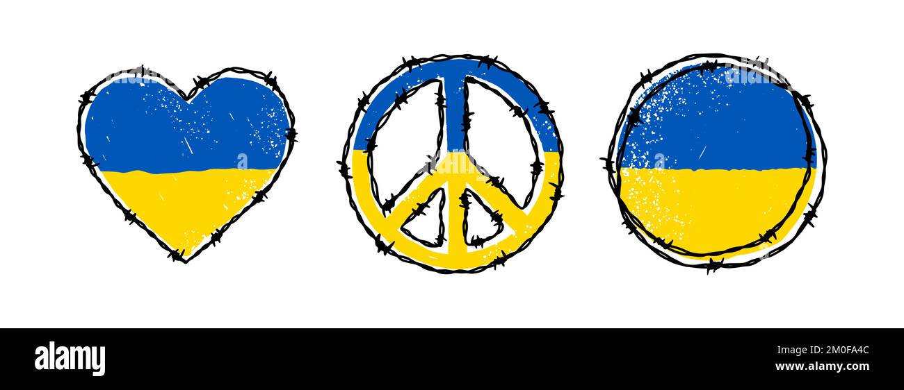 Barbed wire circle, peace sign and heart shapes in Ukrainian flag blue and yellow colors. Hand drawn vector illustration in sketch style. Save Ukraine Stock Vector