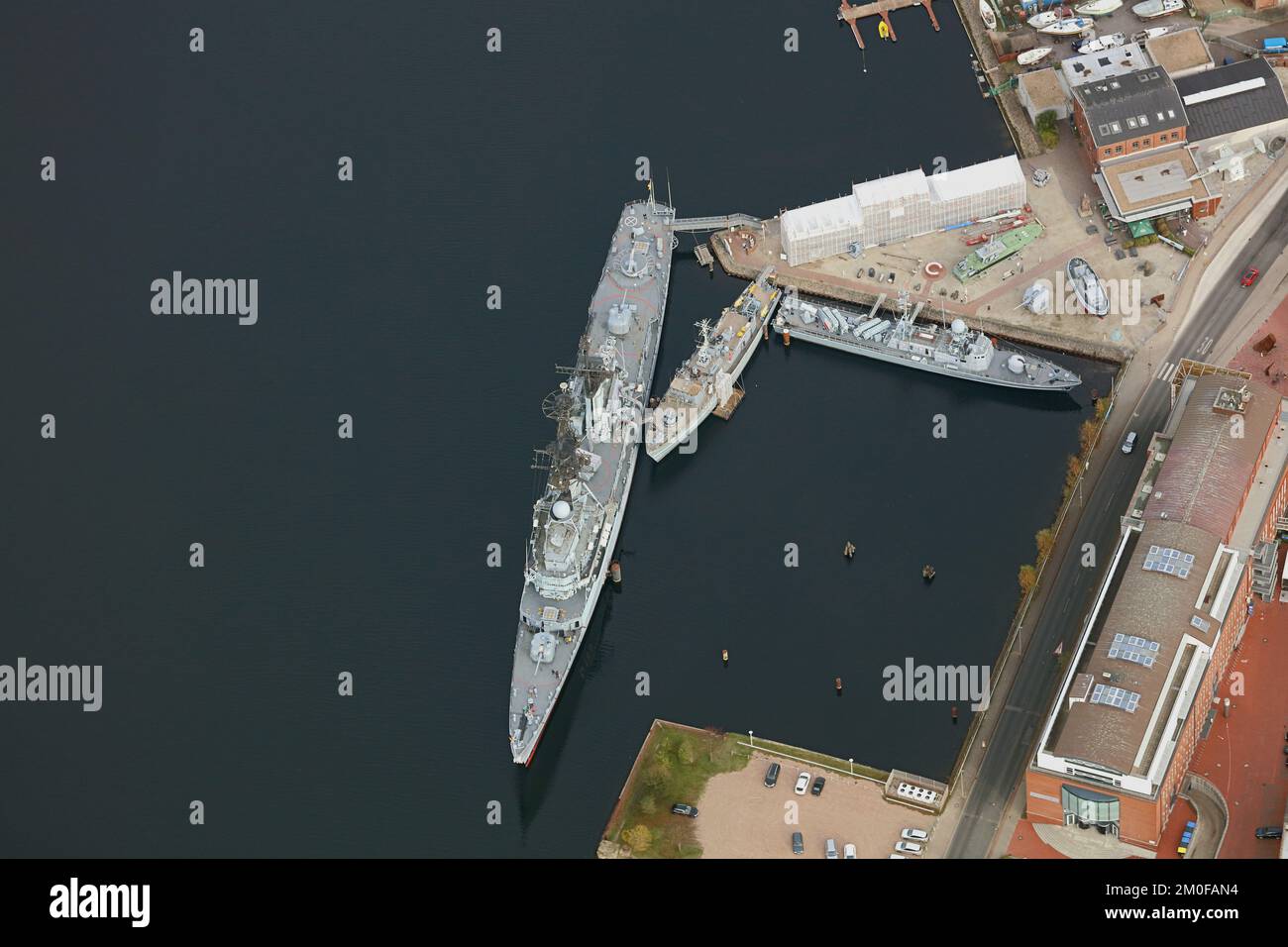 German Marinemuseum Wilhelmshaven with destroyer Moelders, minehunting boat Weilheim, speedboat Gepard, 28.10.2022, aerial view, Germany, Lower Stock Photo