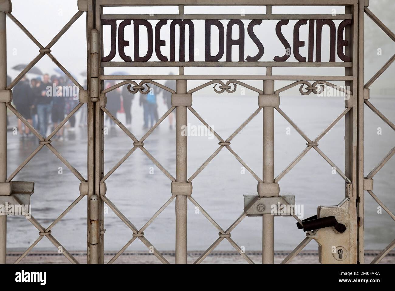 entrance gate in the Nazi concentration camp with the saying 'Jedem das Seine', Germany, Thueringen, Weimar Stock Photo