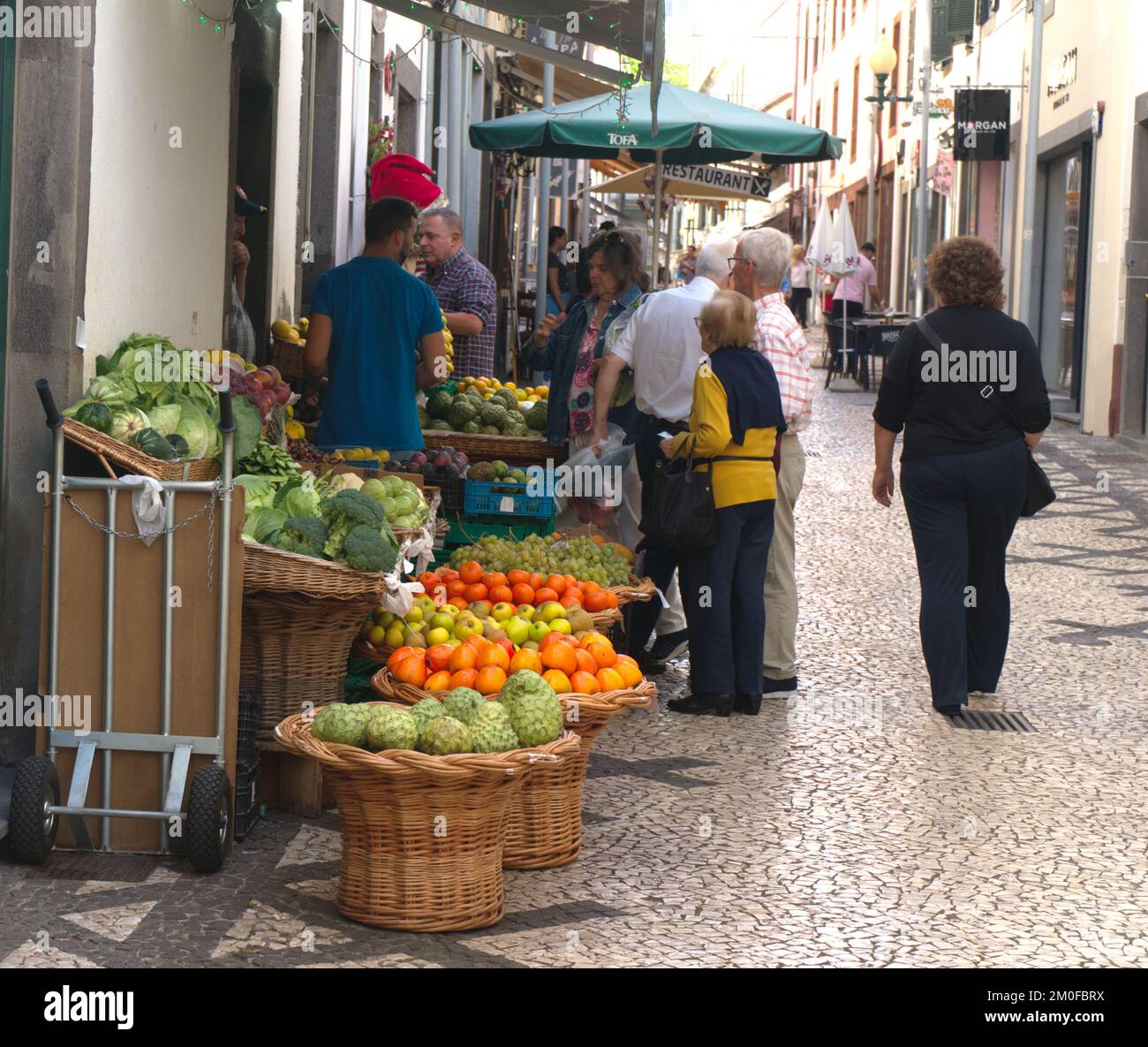 A Busy Fruit and Vegetable Shop in Funchal, Madeira, Portugal. Stock Photo