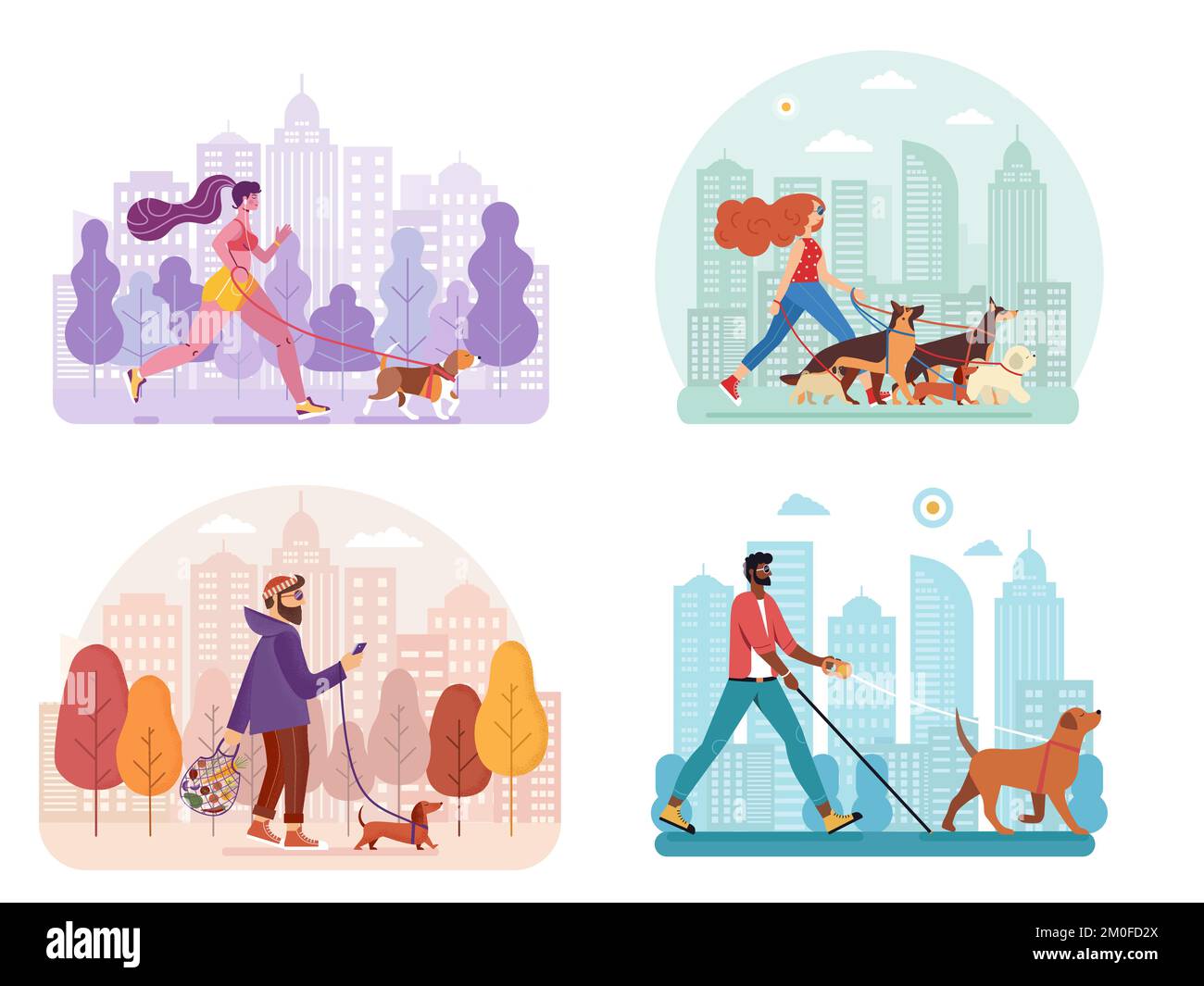 City Men and Women Walking with Dogs Stock Vector