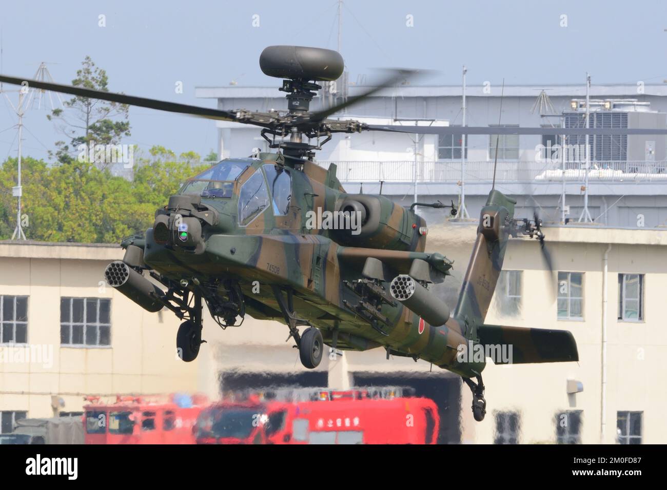 Ibaraki Prefecture, Japan - May 17, 2015: Japan Ground Self-Defense Force Boeing AH-64D Apache Longbow attack helicopter. Stock Photo