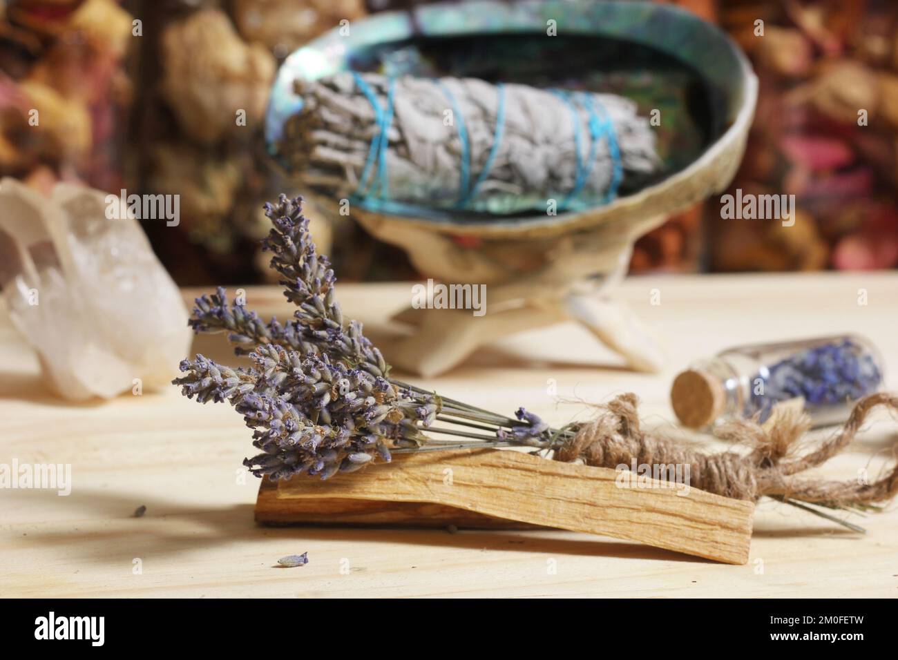 Dried Lavender With Palo Santo Wood and Abalone Shell For Smudging Stock Photo