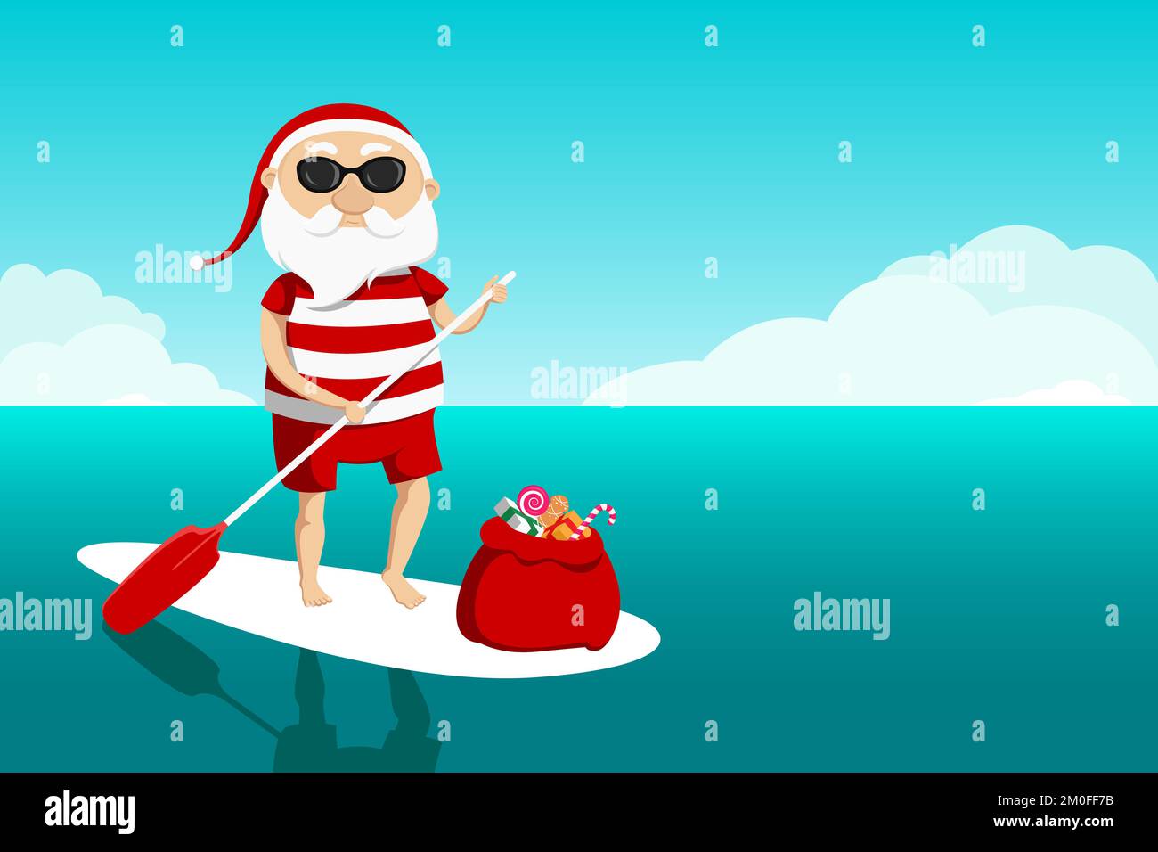 Santa Claus on standup paddleboard. Vector illustration. Stock Vector