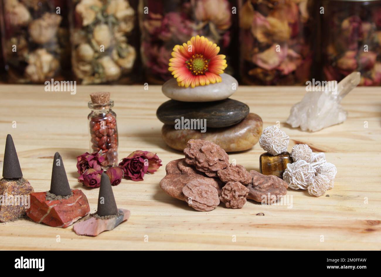 Incense Cones and Desert Rose Rocks on Meditation Table With Pyramid in ...