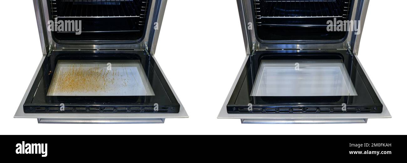 Dirty and clean oven, before and after cleaning and washing the stove