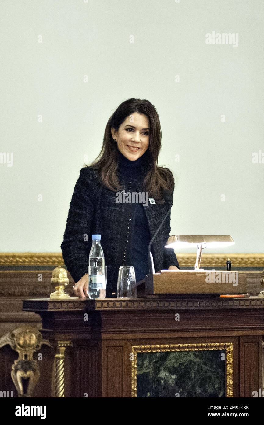 On Monday, October 29, 2012, Crown Princess Mary of Denmark was at theTown Hall in Copenhagen to attend the Christmas Seal Foundation launch of the 2012 Christmas Seal. The money from the sale of Christmas Seal will be donated to four Christmas Seal Homes, which serves as a temporary home for children who need help to break the vicious circle such as obesity or bullying.This yearÂ’s seal was designed by artist, Carl Quist MÃ¸ller, and the seal will be available for purchase on Tuesday, October 30, 2012. (Liv Hybye/POLFOTO) Stock Photo