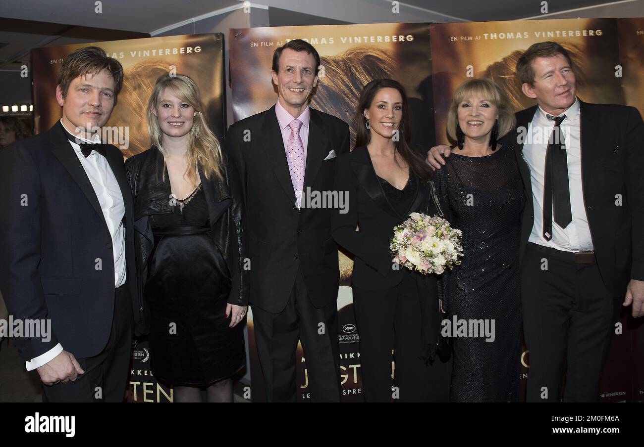 Gala Premiere of Thomas Vinterberg's 'The Hunt' at Imperial Cinema in Copenhagen, Wednesday January 9th. From left director Thomas Vinterberg, his wife Helene Neumann, Prince Joachim, Princess Marie, Susse Wold and Thomas Bo Larsen. (Mogens Flindt / POLFOTO) Stock Photo