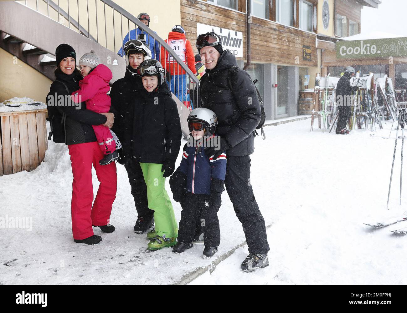 Danish Prince Joachim, Princess Marie, Prince Nikolai, Prince Felix, Prince Henrik and Princess Athena during their skiing holidays in the Col de Bretaye, Villars, Switzerland, 13th February 2014. Stock Photo