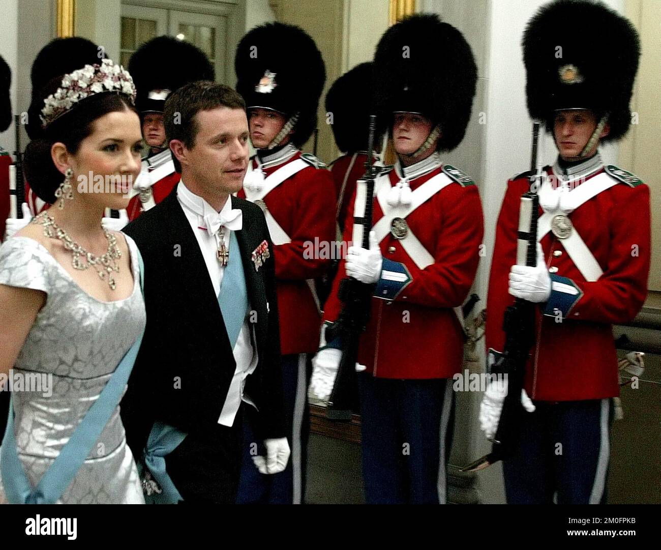 The Crown Prince Frederik of Denmark and Miss Mary Donaldson arrive to the official dinner to celebrate the royal wedding together Denmark's top officials. Stock Photo