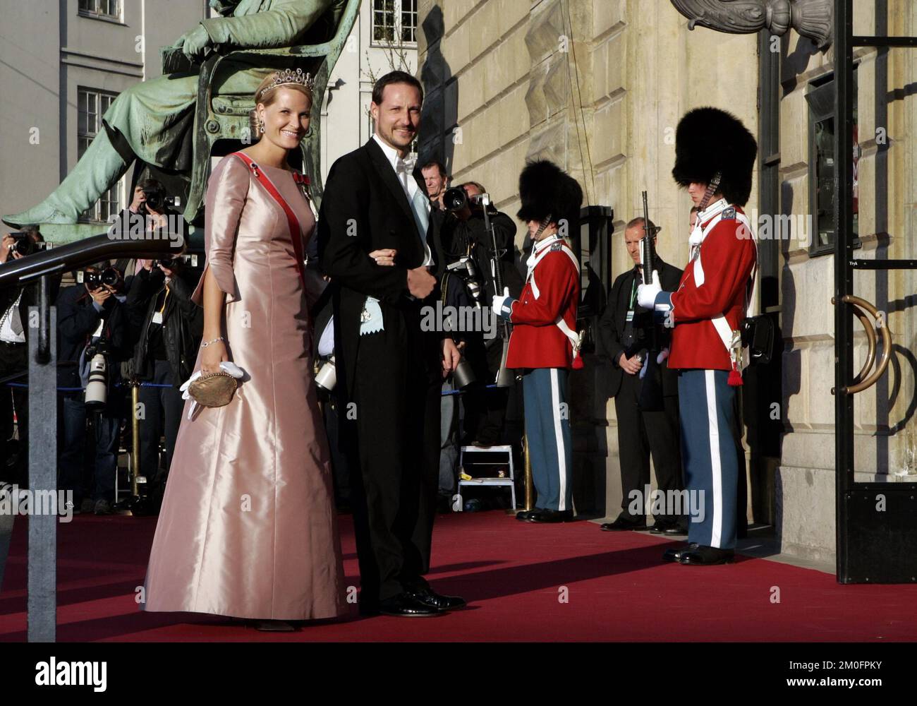 The Crown Prince of Norway Haakon and the Crown Princess Mette-Marit  arrive for a Gala performance in The Royal Theatre in Copenhagen before the Royal Wedding tomorrow. Stock Photo
