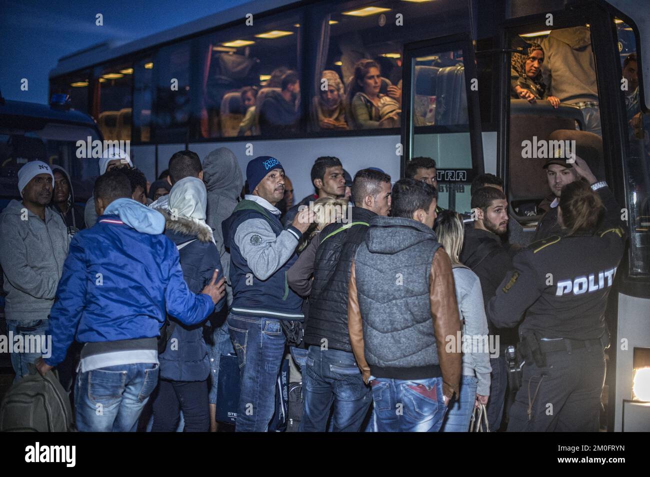 The first large group of refugees and immigrants has made it across the Danish border in Rødby in southern Zealand. According to the South Zealand and Lolland-Falster Police, about 170 refugees arrived in Rødby via two ferries from Puttgarden in Germany. Some migrants were fleeing from the police at Rødby, but were stopped and picked up in busses. The vast majority of the registered migrants come from Syria and those who will have their asylum cases tried in Denmark will be sent to Sandholmlejren refugee camp. Per Rasmussen / Polfoto  Flygtninge på flugt fra politiet ved Rødbyhavn. Ca hundrede Stock Photo