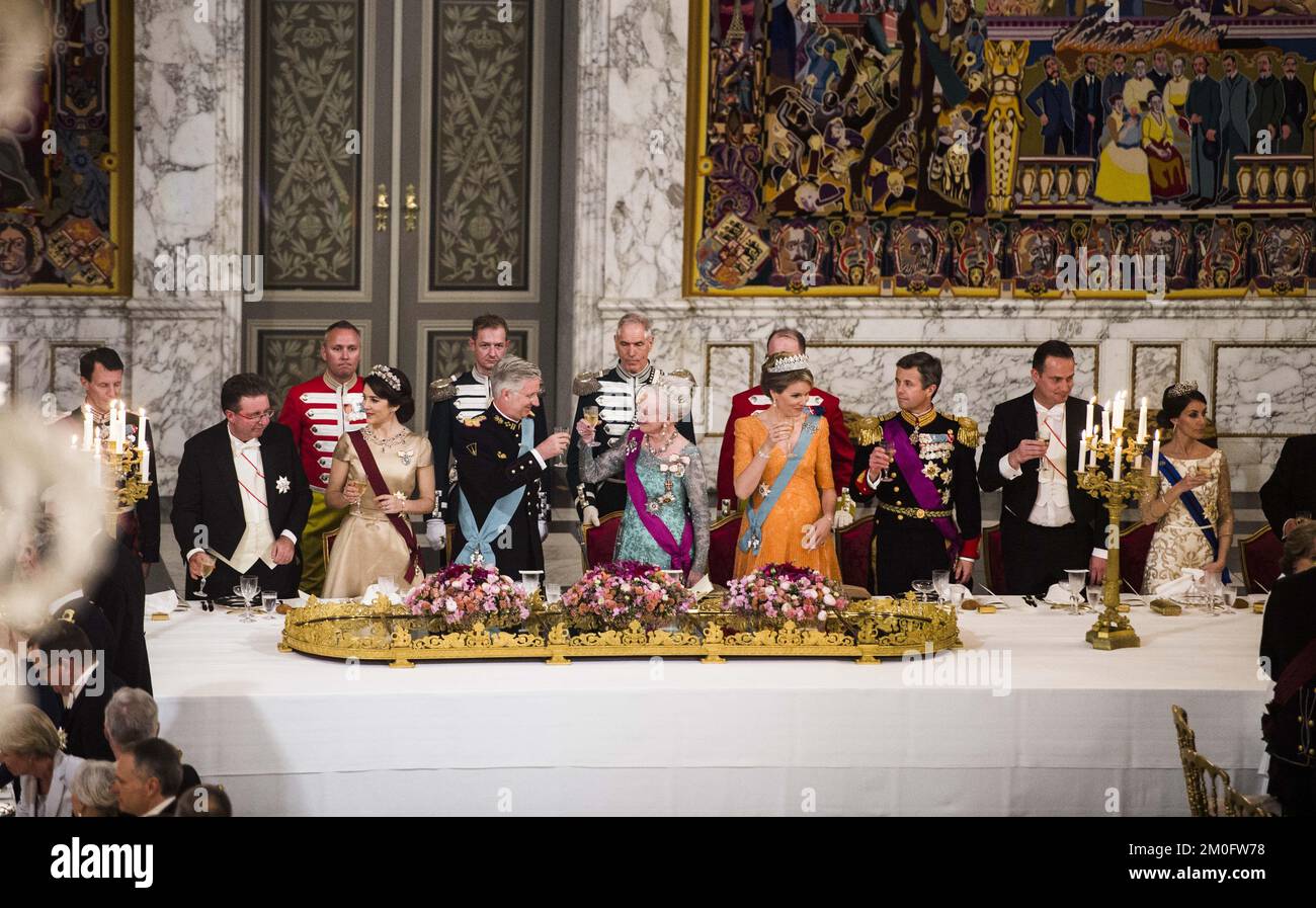 The Queen hosts a State Banquet in honour of King Philippe and Queen Mathilde. At the gala dinner, The Crown Prince Couple, Prince Joachim and Princess Marie, HH Princess Elisabeth, the government, the Belgian delegation, selected companies and others will take part. (Stine Tisvilde/POLFOTO) Stock Photo