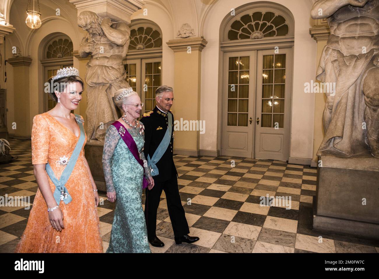 The Queen hosts a State Banquet in honour of King Philippe and Queen Mathilde. At the gala dinner, The Crown Prince Couple, Prince Joachim and Princess Marie, HH Princess Elisabeth, the government, the Belgian delegation, selected companies and others will take part. (Stine Tisvilde/POLFOTO) Stock Photo