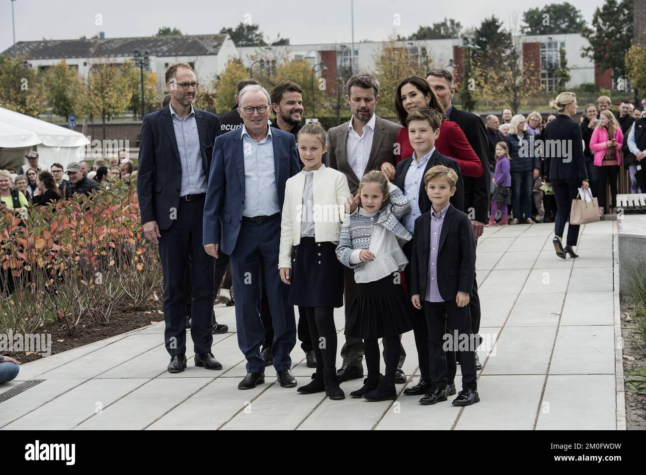 The Danish Crown Prince Frederik and Crown Prince Mary and their four children attended the opening of the new â€˜LEGO Houseâ€™ in Billund, Denmark, September 28, 2017. The building inspired by the famous Danish LEGO-bricks was designed by Danish architect Bjarke Ingels and offers indoor activities such as LEGO play zones, restaurants and conference facilities. Pictured from the left is JÃ¸rgen Vig Knudstorp, Kjeld Kirk Kristiansen,Â Bjarke Ingels, Crown Prince Frederik, Crown Princess Mary,Â  Jesper Vildstrup, Princess Isabella, Prince Christian and the twins Princess Josephine and Prince Vin Stock Photo