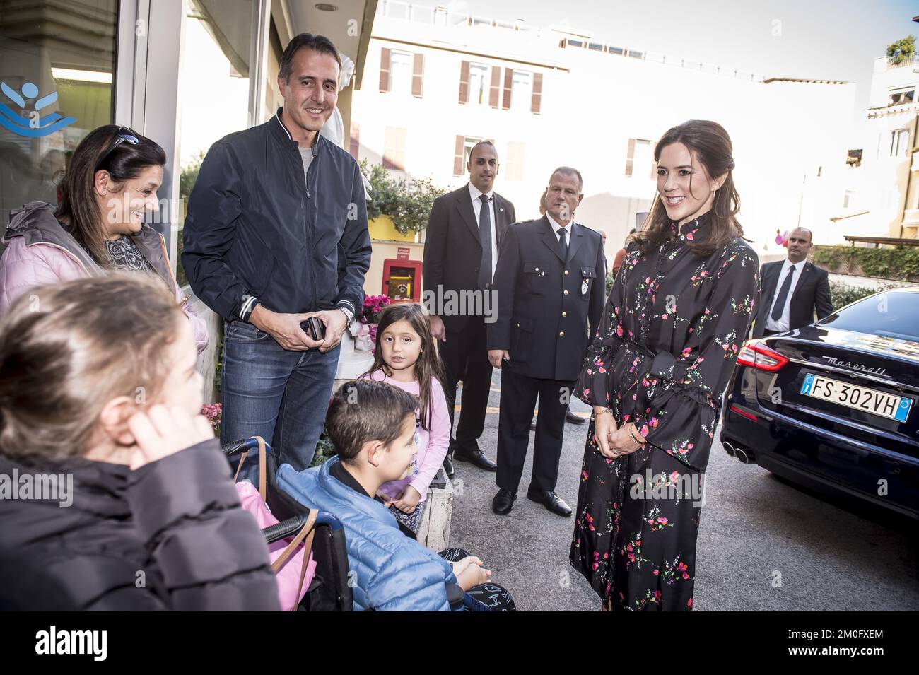 On November 8th 2018 TRH Crown Prince Frederik and Crown Princess Mary visited the Bambino Gesu children's hospital in Rome. Crown Princess Mary met with patients and tased to staff. The visit is part of the business delegation tour of Rome from November 6th to 8th. Stock Photo