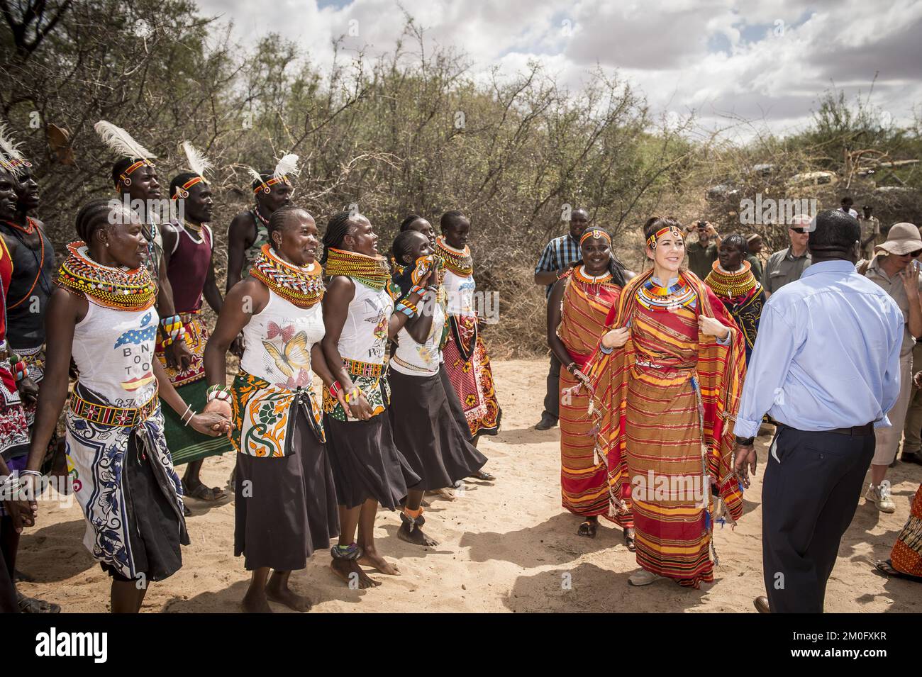 On November 27th and 28th 2018 HRH Crown Princess Mary visited Kalama in Kenya along with the Minister for Development Ulla Tørnæs. They arrived at the Kalama Airstrip in Samburu Country on November 27th and were greeted by prominent members of the Kalama societies. Hereafter they visited the Kalama Conservancy where they met with local women who have benefited from Danish support to create small sustainable businesses. The whole visit has as a special focus the promotion of women's rights and economic independence through local projects. Stock Photo