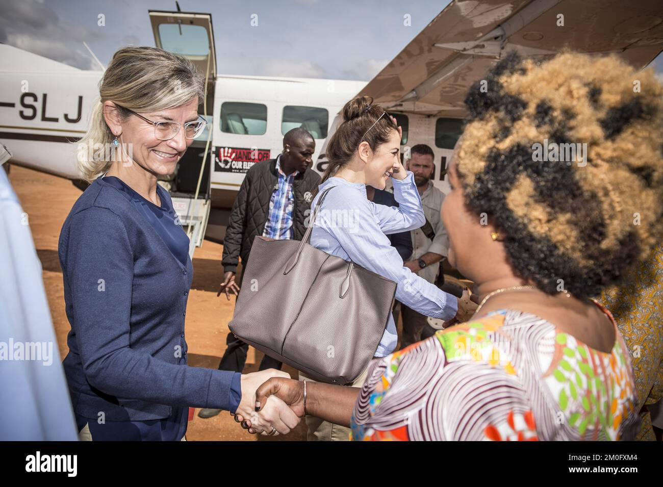 On November 27th and 28th 2018 HRH Crown Princess Mary visited Kalama in Kenya along with the Minister for Development Ulla Tørnæs. They arrived at the Kalama Airstrip in Samburu Country on November 27th and were greeted by prominent members of the Kalama societies. Hereafter they visited the Kalama Conservancy where they met with local women who have benefited from Danish support to create small sustainable businesses. The whole visit has as a special focus the promotion of women's rights and economic independence through local projects. Stock Photo