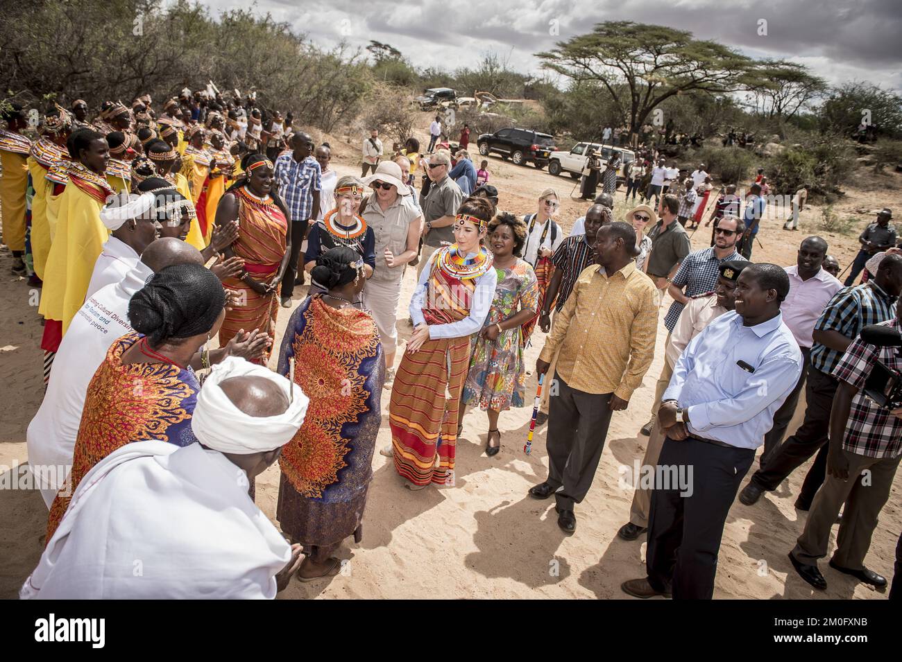 On November 27th and 28th 2018 HRH Crown Princess Mary visited Kalama in Kenya along with the Minister for Development Ulla Tornaess. They arrived at the Kalama Airstrip in Samburu Country on November 27th and were greeted by prominent members of the Kalama societies. Hereafter they visited the Kalama Conservancy where they met with local women who have benefited from Danish support to create small sustainable businesses. The whole visit has as a special focus the promotion of women's rights and economic independence through local projects Stock Photo