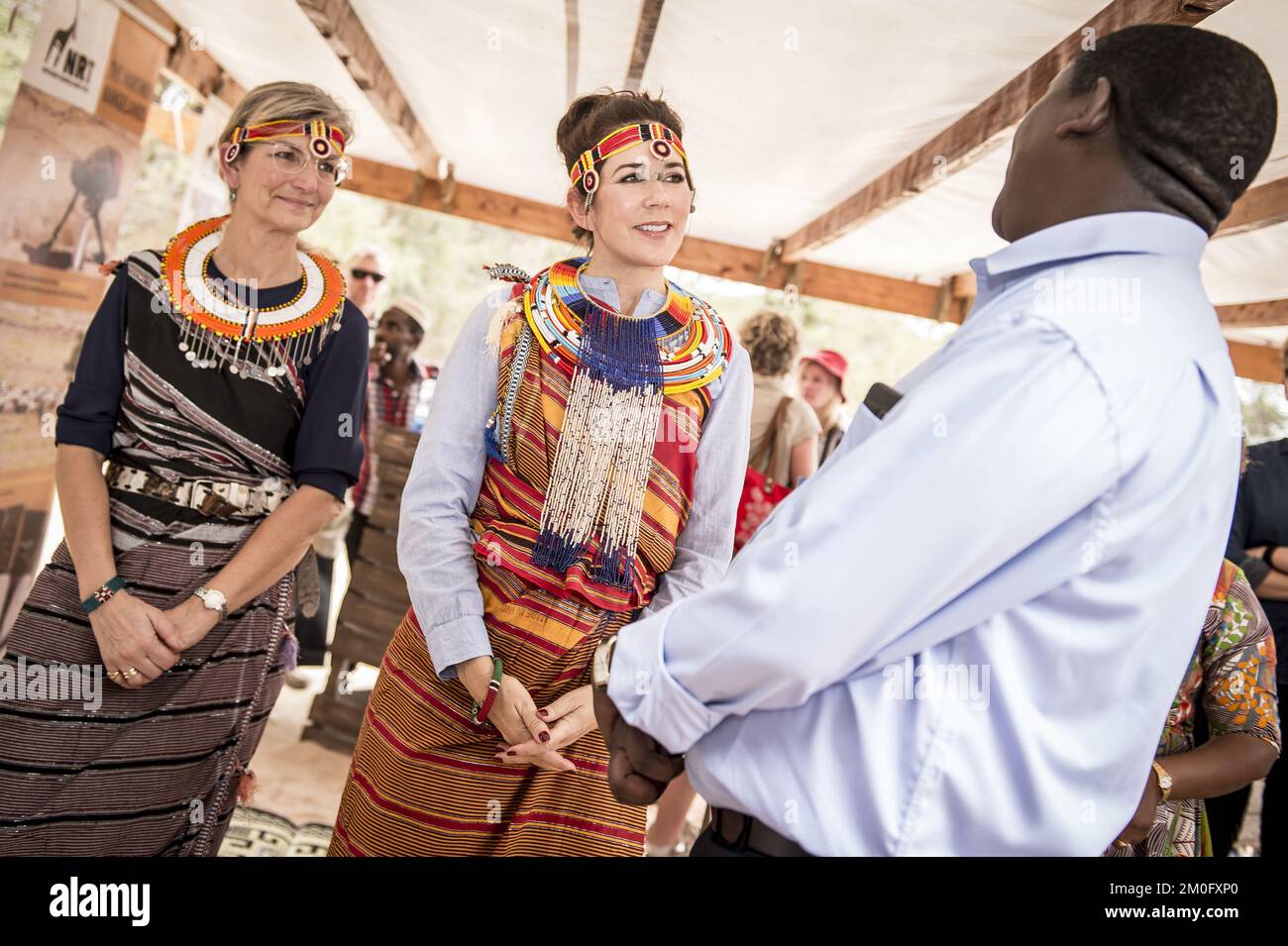 On November 27th and 28th 2018 HRH Crown Princess Mary visited Kalama in Kenya along with the Minister for Development Ulla Tornaess. They arrived at the Kalama Airstrip in Samburu Country on November 27th and were greeted by prominent members of the Kalama societies. Hereafter they visited the Kalama Conservancy where they met with local women who have benefited from Danish support to create small sustainable businesses. The whole visit has as a special focus the promotion of women's rights and economic independence through local projects Stock Photo