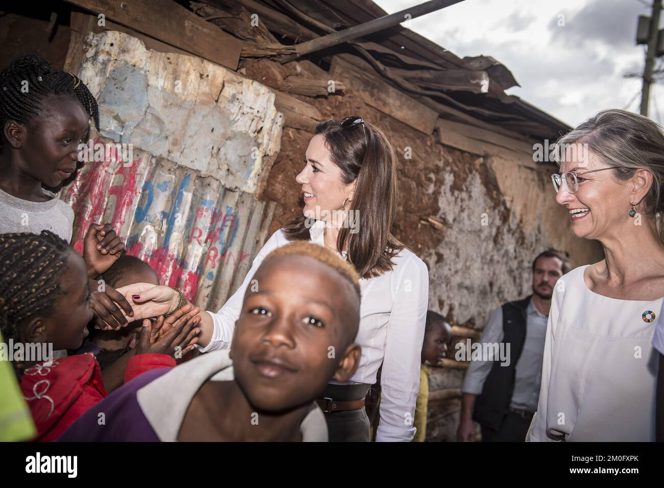 On November 27th and 28th 2018 HRH Crown Princess Mary visited Kenya along with the Minister for Development Ulla Tørnæs. On the second day of the visit the Crown Princess and Minister participated in the launch of the Deliver for Good campaign by Women Deliver and the Danish Ministry for Development at the Radisson Blu Hotel in Nairobi. The campaign focuses on equality and bettering the chances for women and girls in Kenya. They also visited the Kibera Slum where grassroots organization Action Foundation support children, young people and mothers with handicaps to a better life. Lastly they m Stock Photo