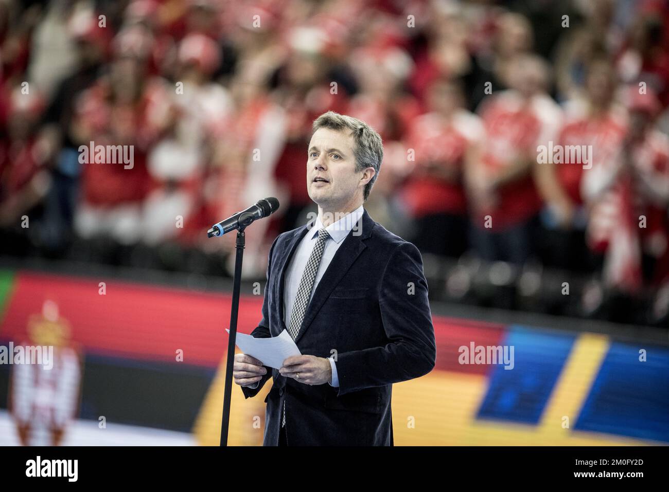 On January 10th 2019 HRH Crown Prince Frederik officially opened the Danish hostship of the Men's World Handball Championship in Copenhagen's Royal Arena. The Crown Prince is protector for the Championships that Denmark hosts along with Germany. Denmark beat Chile in the following match with 39-16. Also in attendance were CEO of the Danish Handball Federation Morten Stig Kristensen, Lord Mayor Frank Jensen and Emmy winning actor Lars Mikkelsen Stock Photo