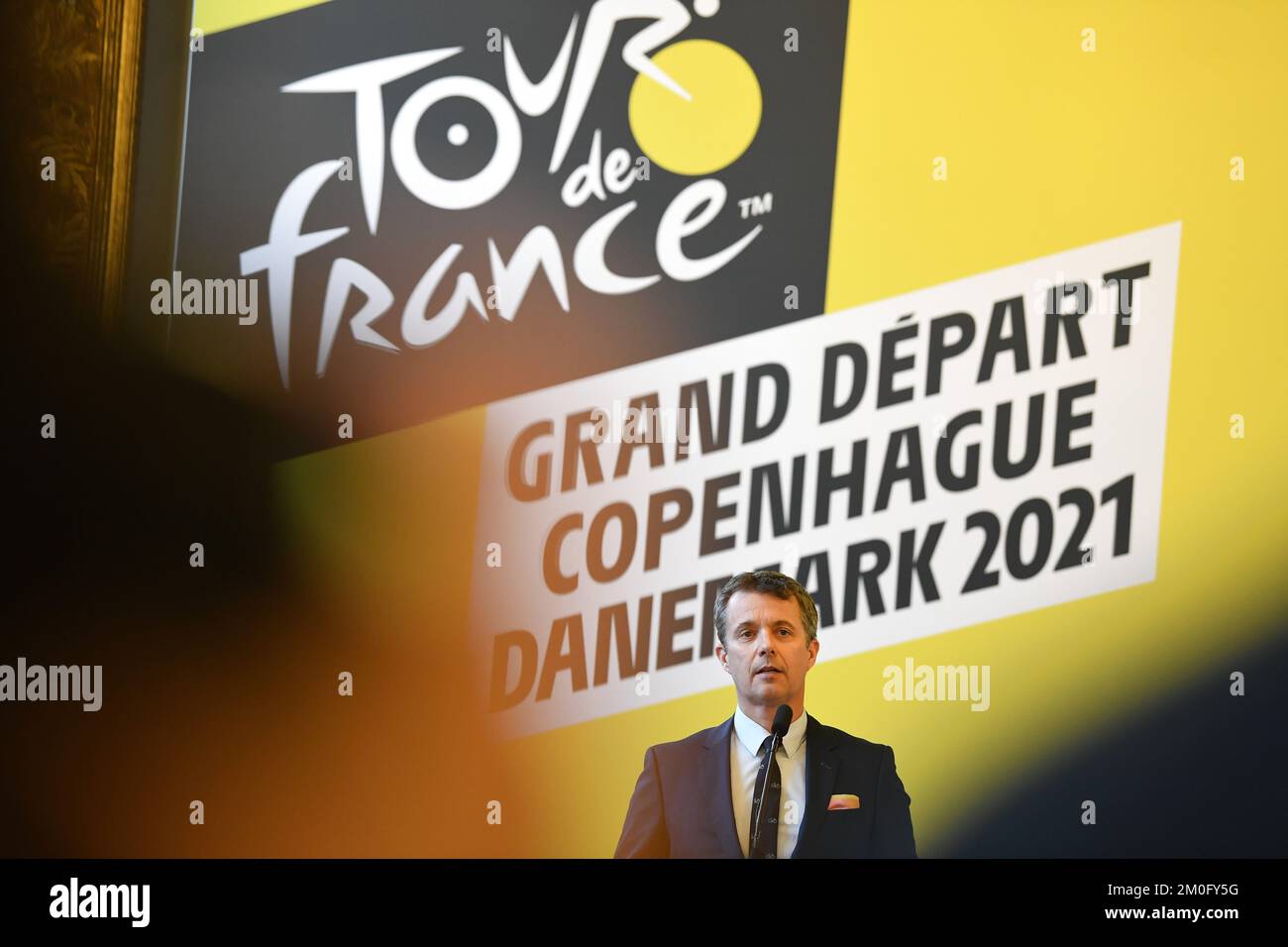 On February 21st 2019 Prime Minister Lars Løkke Rasmussen hosted a press conference at Copenhagen City Hall, where the Danish Tour de France start in 2021 was officially announced. The tour will complete 3 stages in Denmark: A time trial in central Copenhagen and two normal stages from Roskilde to Nyborg over the Great Belt Bridge and from Vejle to Sønderborg. Also in attendance at the press conference were protector for the event HRH Crown Prince Frederik, Tour de France boss Christian Prudhomme, Lord Mayor of Copenhagen Frank Jensen and Minister for Business Rasmus Jarlov. Stock Photo