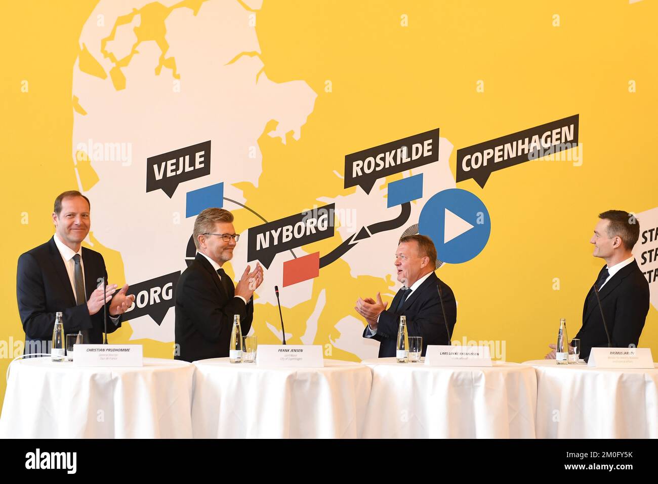 On February 21st 2019 Prime Minister Lars Løkke Rasmussen hosted a press conference at Copenhagen City Hall, where the Danish Tour de France start in 2021 was officially announced. The tour will complete 3 stages in Denmark: A time trial in central Copenhagen and two normal stages from Roskilde to Nyborg over the Great Belt Bridge and from Vejle to Sønderborg. Also in attendance at the press conference were protector for the event HRH Crown Prince Frederik, Tour de France boss Christian Prudhomme, Lord Mayor of Copenhagen Frank Jensen and Minister for Business Rasmus Jarlov. Stock Photo