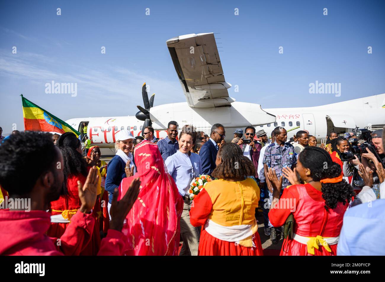 On March 27th 2019 Crown Princess Mary and Minister for Development Ulla Tørnes arrived in Ethiopia on a two day visit to promote equality and gender issues in the country. The second day they spend in the northern town of Shire. Here they were greeted by traditional dancers, visited a refugee camp and a school where they planted trees with the pupils. As a conclusion of the visit they had dinner with the first female President Sahle-Work Zewde. Stock Photo