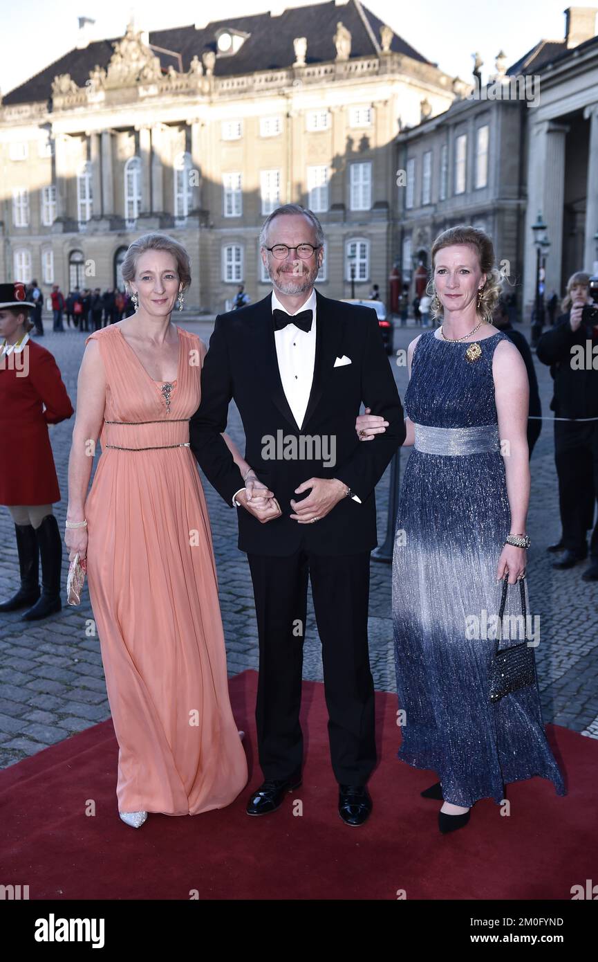 On April 29th 2019 Her Majesty Queen Margrethe hosted a dinner at Amalienborg Palace celebrating her sister HRH Princess Benedikte's 75th birthday. The dinner was attended by friends and family as well as representatives of the official Denmark. Most notably TRH Crown Prince Frederik and Crown Princess Mary, TH Princess Alexandra and Nathalie, Princess Benetikte's two daughters, and Danish Prime Minister Lars Løkke Rasmussen with his wife Solrun. Princess Benedikte was driven in horse carriage to the celebration. Stock Photo