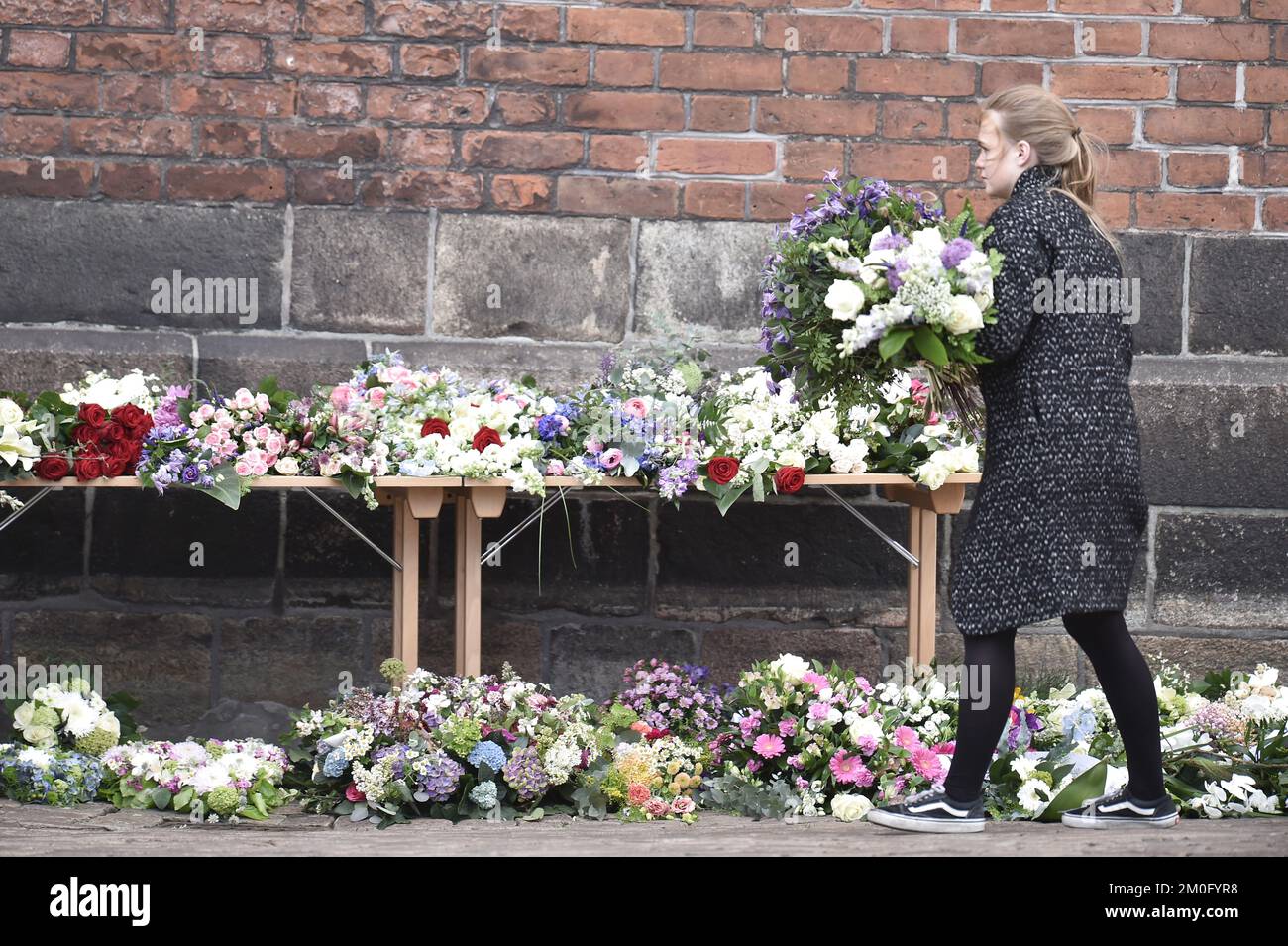 On May 4th 2019. Funeral service for the three children of CEO of clothing brand Bestseller, Anders Holch Povlsen and wife Anne, who were victims of the Sri Lanka terror attack on April 21st. The service was held at Aarhus Cathedral. Among the attending were TRH Crown Prince Frederik, Crown Princess Mary, their four children Prince Christian, Princess Isabella, Prince Vincent and Princess Josephine, Prime Minister Lars Løkke Rasmussen, actor Nikolaj Lie Kaas, and several other cultural and political personas. Stock Photo
