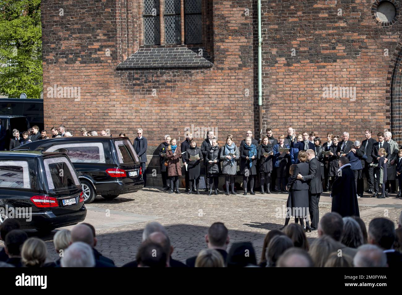 On May 4th 2019. Funeral service for the three children of CEO of clothing brand Bestseller, Anders Holch Povlsen and wife Anne, who were victims of the Sri Lanka terror attack on April 21st. The service was held at Aarhus Cathedral. Among the attending were TRH Crown Prince Frederik, Crown Princess Mary, their four children Prince Christian, Princess Isabella, Prince Vincent and Princess Josephine, Prime Minister Lars Løkke Rasmussen, actor Nikolaj Lie Kaas, and several other cultural and political personas. Stock Photo