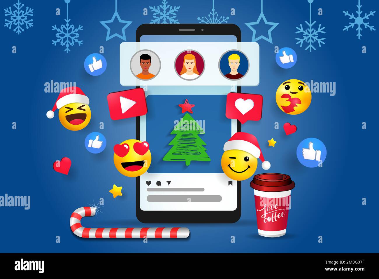 Christmas 3D Social media platform, online communication banner. New Year application template with emoticons, hearts, candy, chat on smartphone Stock Vector