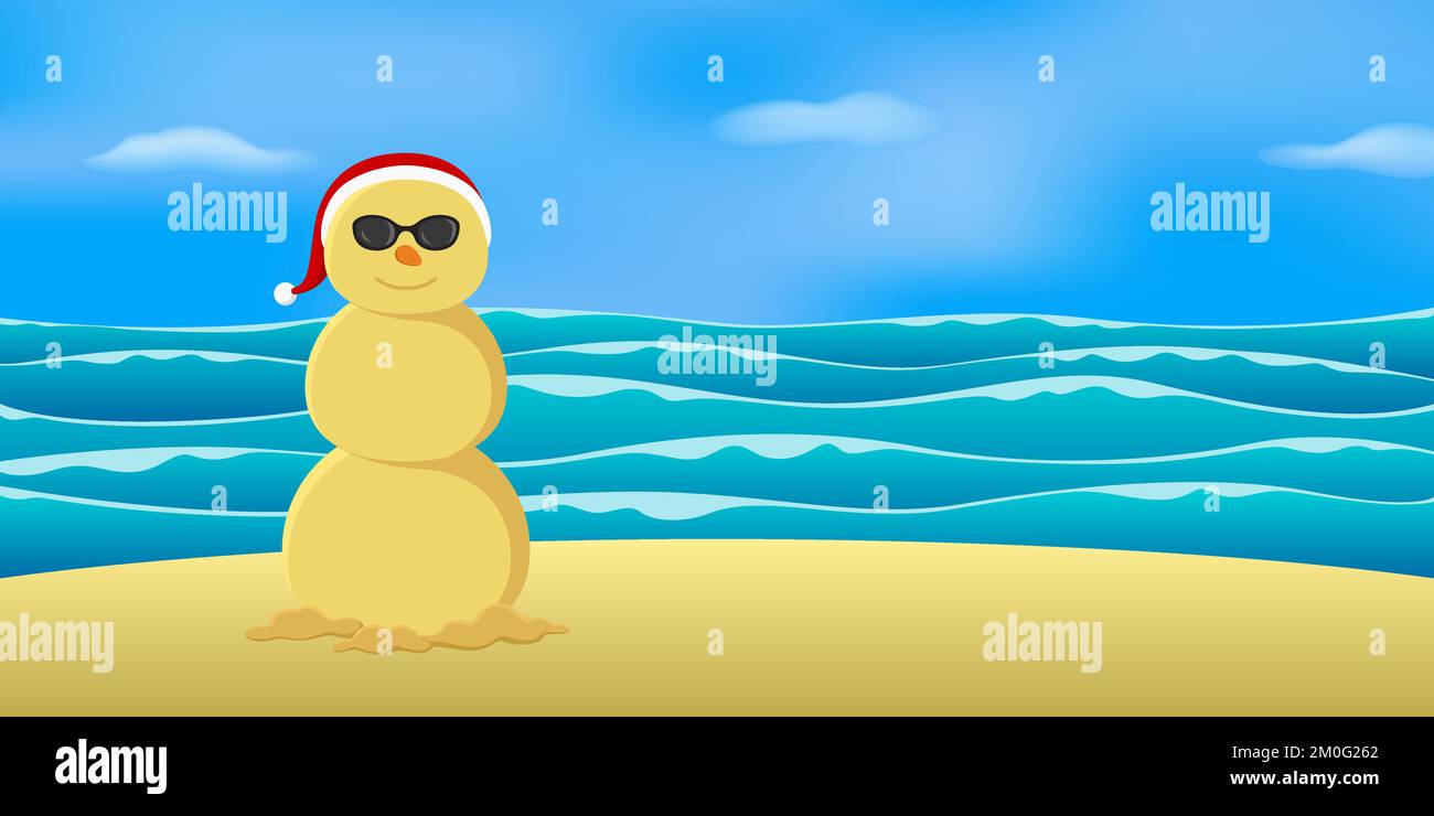 Sand snowman on beach. Vector illustration. Stock Vector