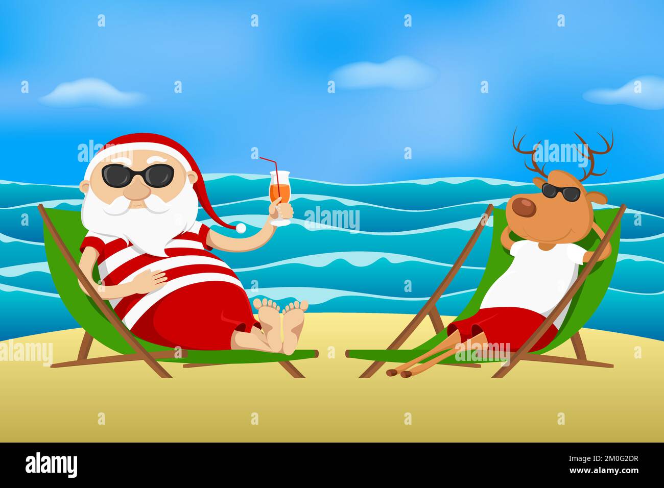 Santa and reindeer on vacation. Vector illustration Stock Vector Image