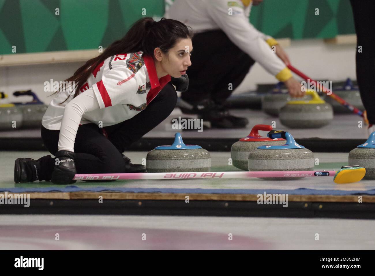 Dumfries, Scotland, 6 December 2022. Dilsat Yildiz playing for Turkiye in the World Mixed Doubles Qualification Event 2022 at Dumfries Ice Bowl. Credit: Colin Edwards/Alamy Live News Stock Photo