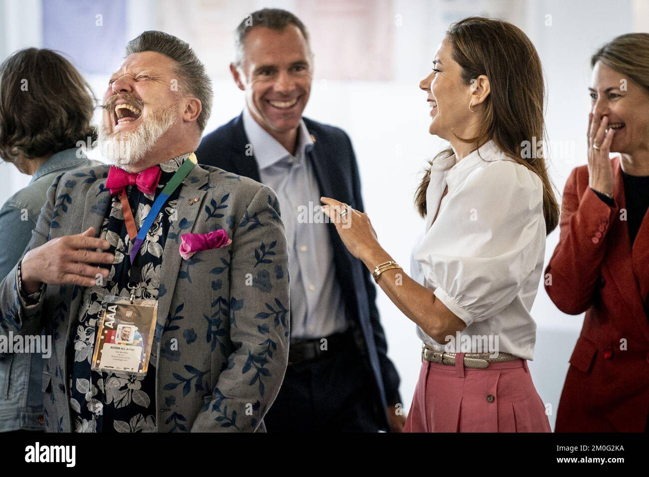 Crown Princess Mary and Chairperson of Copenhagen Pride Lars Henriksen, as she participates in the Human Rights Conference in Copenhagen, which takes place in connection to WorldPride and EuroGames in Copenhagen. Tuesday, August 17, 2021. (Photo: Mads Claus Rasmussen/Ritzau Scanpix) Stock Photo