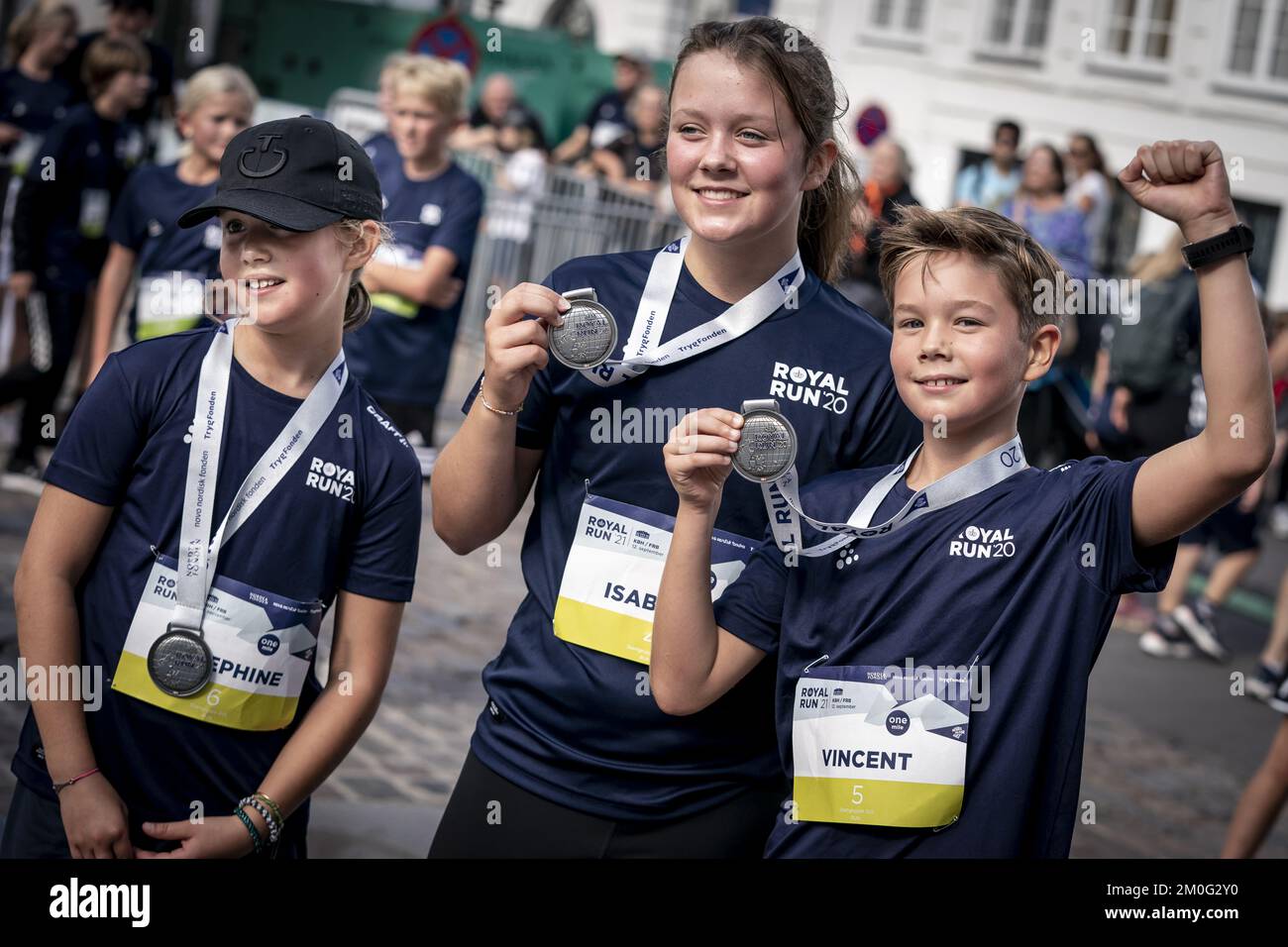 The Crown Prince Couple's children, Princess Josephine, Princess Isabella, and Prince Vincent, after reaching the finish line during the one-mile race at Royal Run 2021 in Copenhagen. Sunday, September 12, 2021. (Photo: Mads Claus Rasmussen/Ritzau Scanpix) Stock Photo