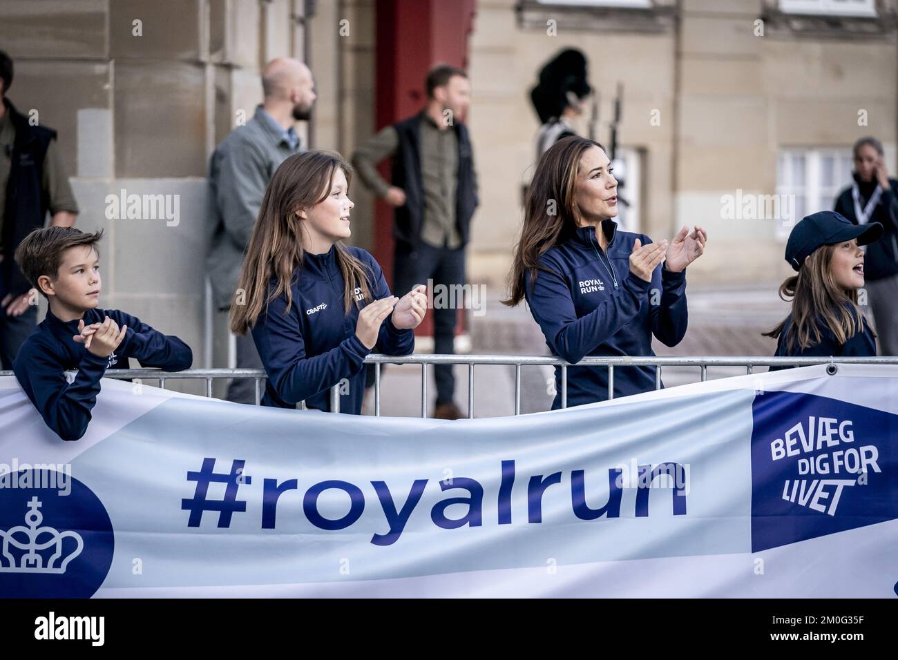 Crown Princess Mary, Princess Isabella, Prince Vincent and Princess Josephine waiting for Crown Prince Frederik by the finish line during Royal Run in Copenhagen. Sunday, September 12, 2021. (Photo: Mads Claus Rasmussen/Ritzau Scanpix) Stock Photo
