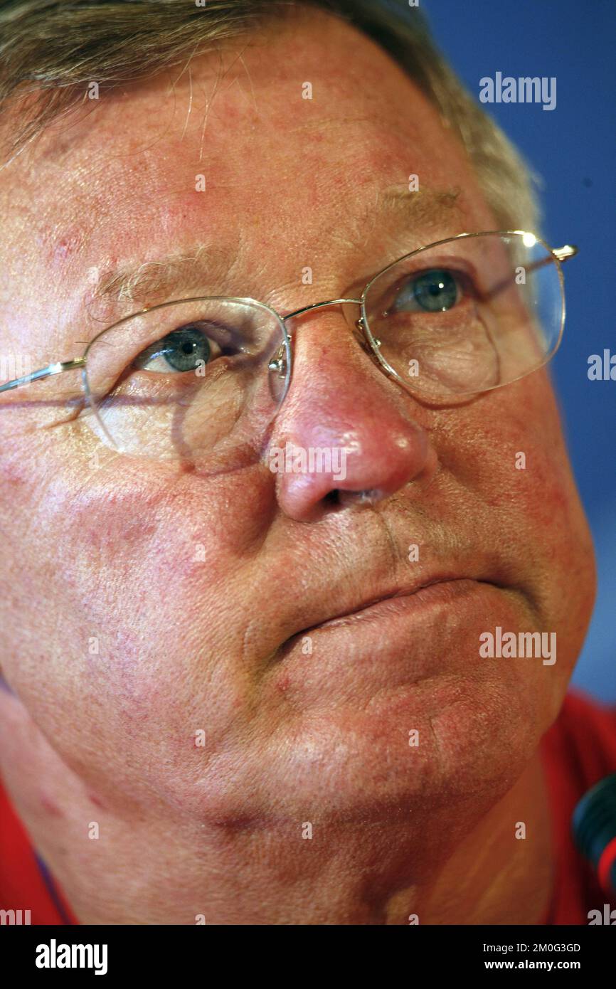 Manchester United manager Sir Alex Ferguson answers questions during a press meeting Monday Sept. 29, 2008 in Aalborg, Denmark, before the Champions League match between Manchester United and Danish team AaB Tuesday in Aalborg. (AP Photo/POLFOTO, Mick Anderson) ** DENMARK OUT ** Stock Photo